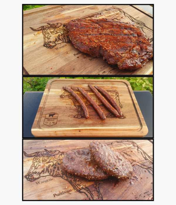 gravering van een koe op een BBQ serveerplank