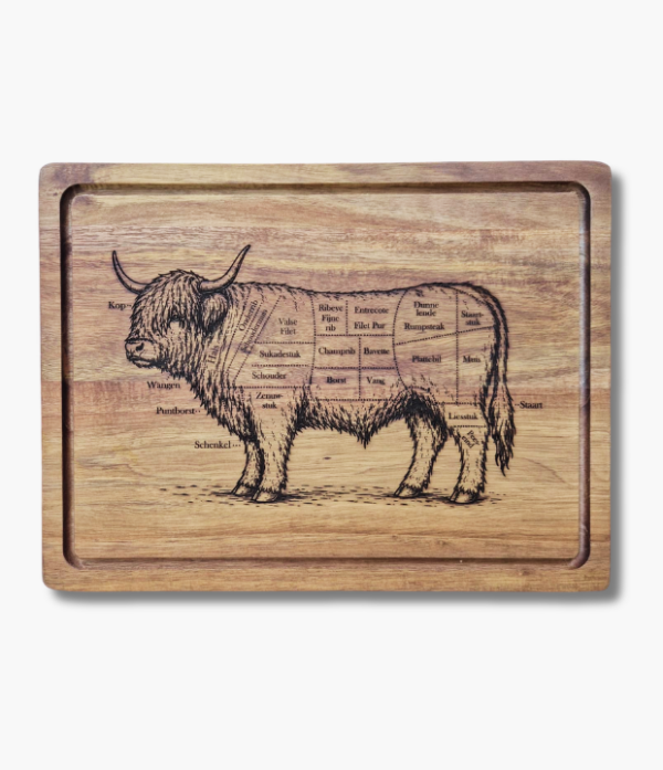 BBQ serveerplank graveren gravering van een schotse hooglander op een BBQ serveerplank